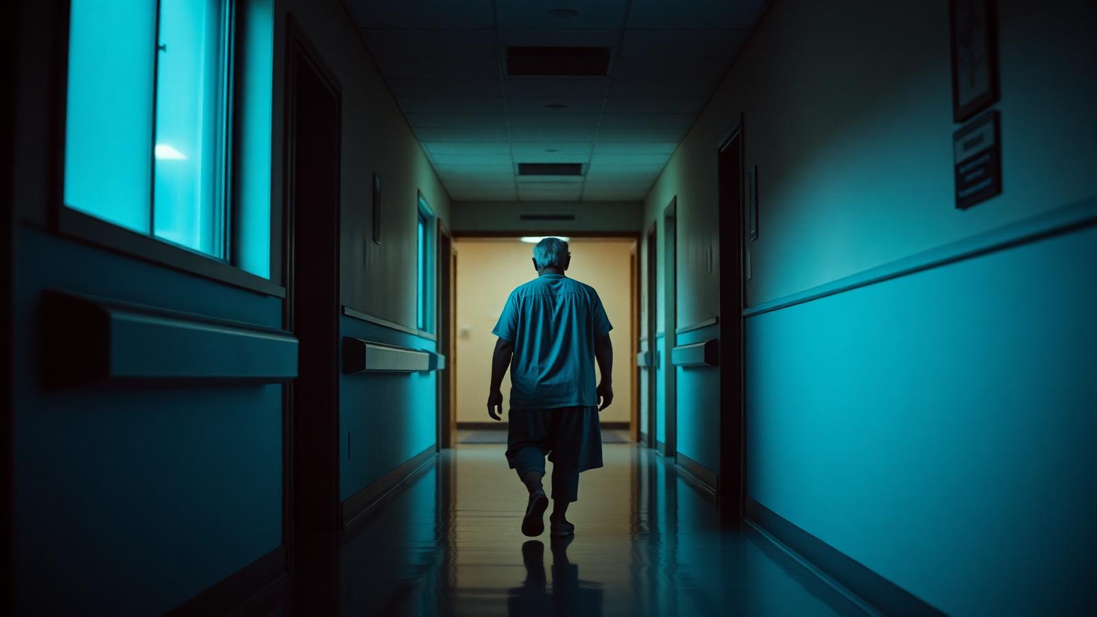 Patient walking in a hospital corridor after treatment